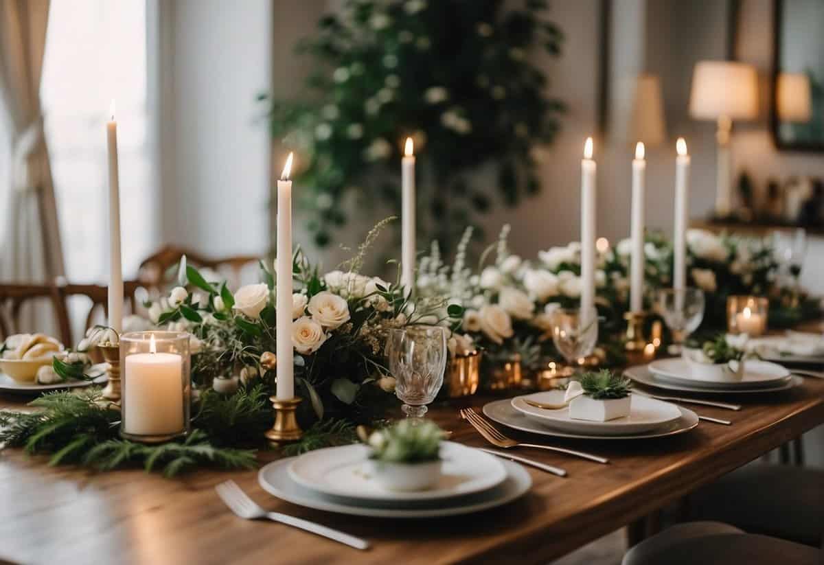A cozy living room set for a small wedding: soft lighting, elegant table setting, and a simple yet beautiful backdrop of flowers and greenery