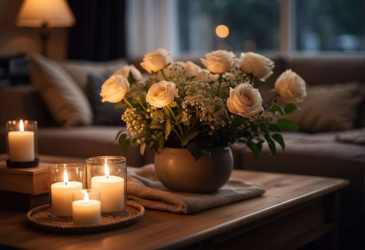 Soft candlelight illuminates a cozy living room with plush seating and delicate floral arrangements. Subtle music fills the air, creating a warm and intimate atmosphere for a small at-home wedding