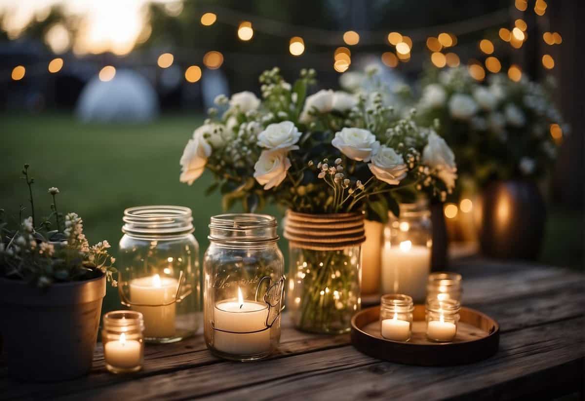 A cozy backyard set-up with a simple altar, flower-filled mason jars, and string lights creating a warm, intimate atmosphere for a small wedding at home