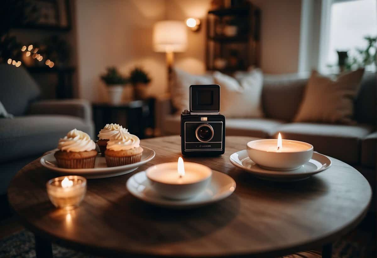 A cozy living room with soft lighting, a small wedding cake on a table, and a Polaroid camera capturing candid moments of the couple and their guests