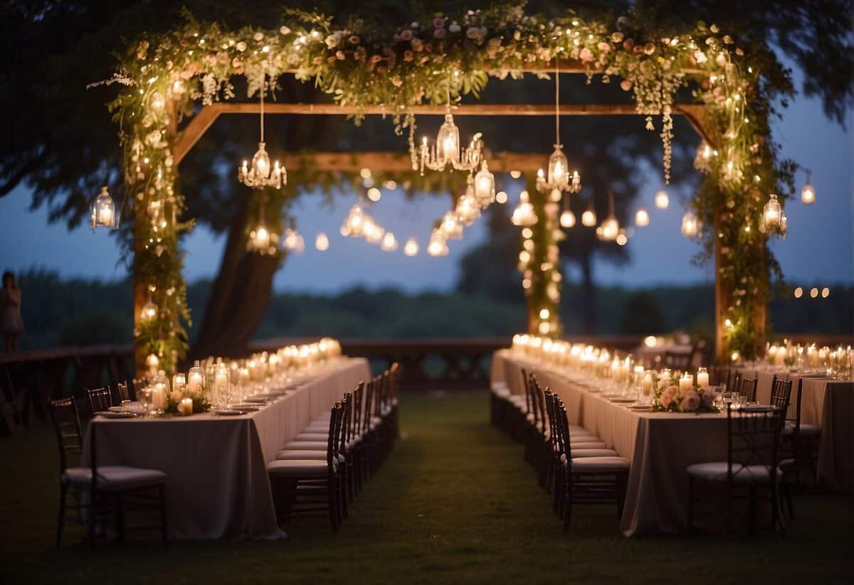 A cozy outdoor ceremony with string lights and a floral arch. Intimate reception with long, communal tables and twinkling candles
