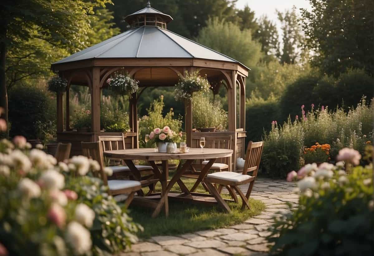 A cozy garden with string lights, surrounded by blooming flowers and greenery. A small gazebo in the center, with seating for 50 guests
