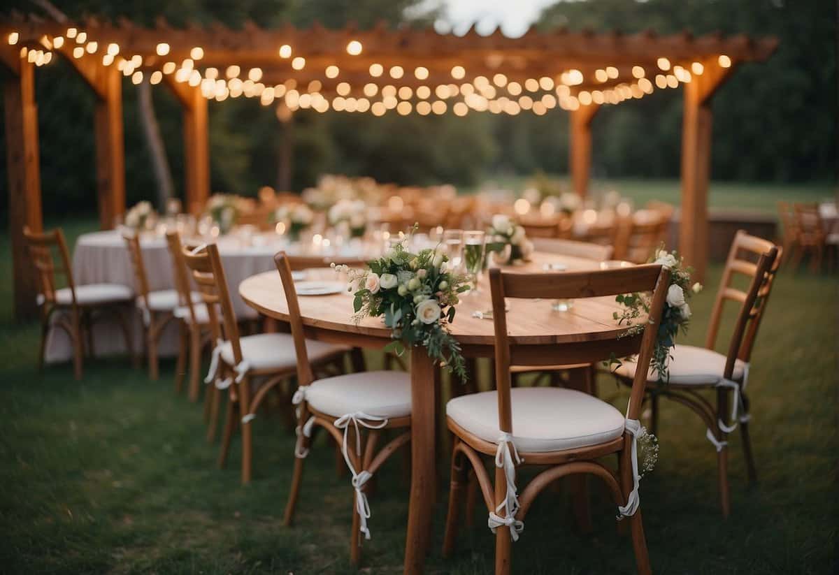 A cozy outdoor setting with string lights, simple wooden chairs, and a small floral arch. A budget-friendly wedding for 50 guests