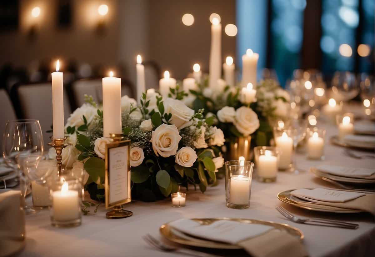 A table set for 50 guests with elegant place settings, floral centerpieces, and soft candlelight. A small wedding sign and delicate favors add to the intimate atmosphere