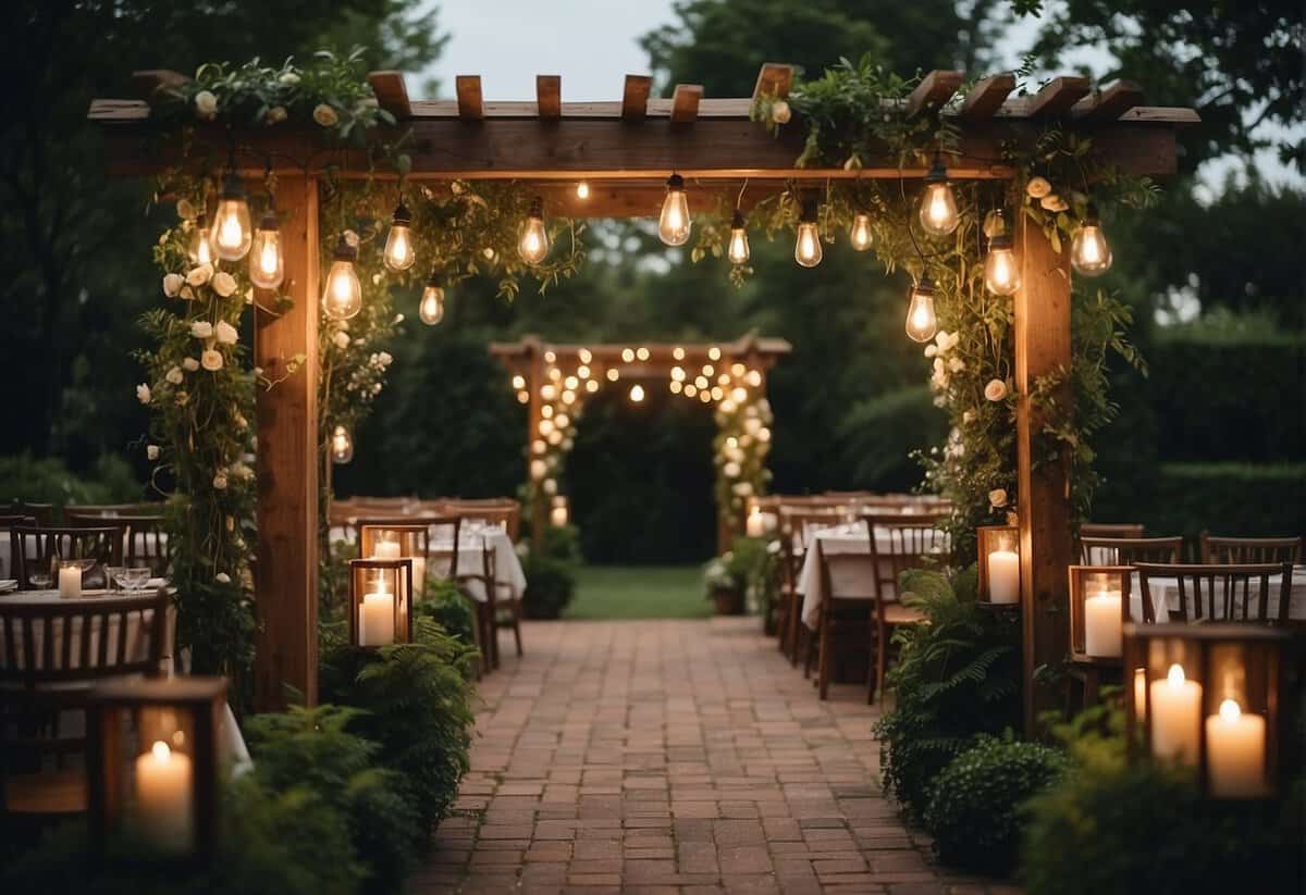 A quaint outdoor setting with a rustic wooden arbor adorned with flowers, surrounded by bistro lights and lush greenery, creating an intimate atmosphere for a small wedding of 50 guests