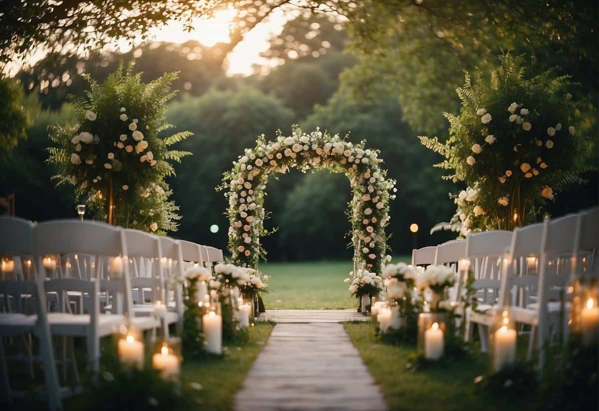 A small outdoor wedding ceremony with a beautiful arch adorned with fresh flowers, surrounded by lush greenery and twinkling fairy lights
