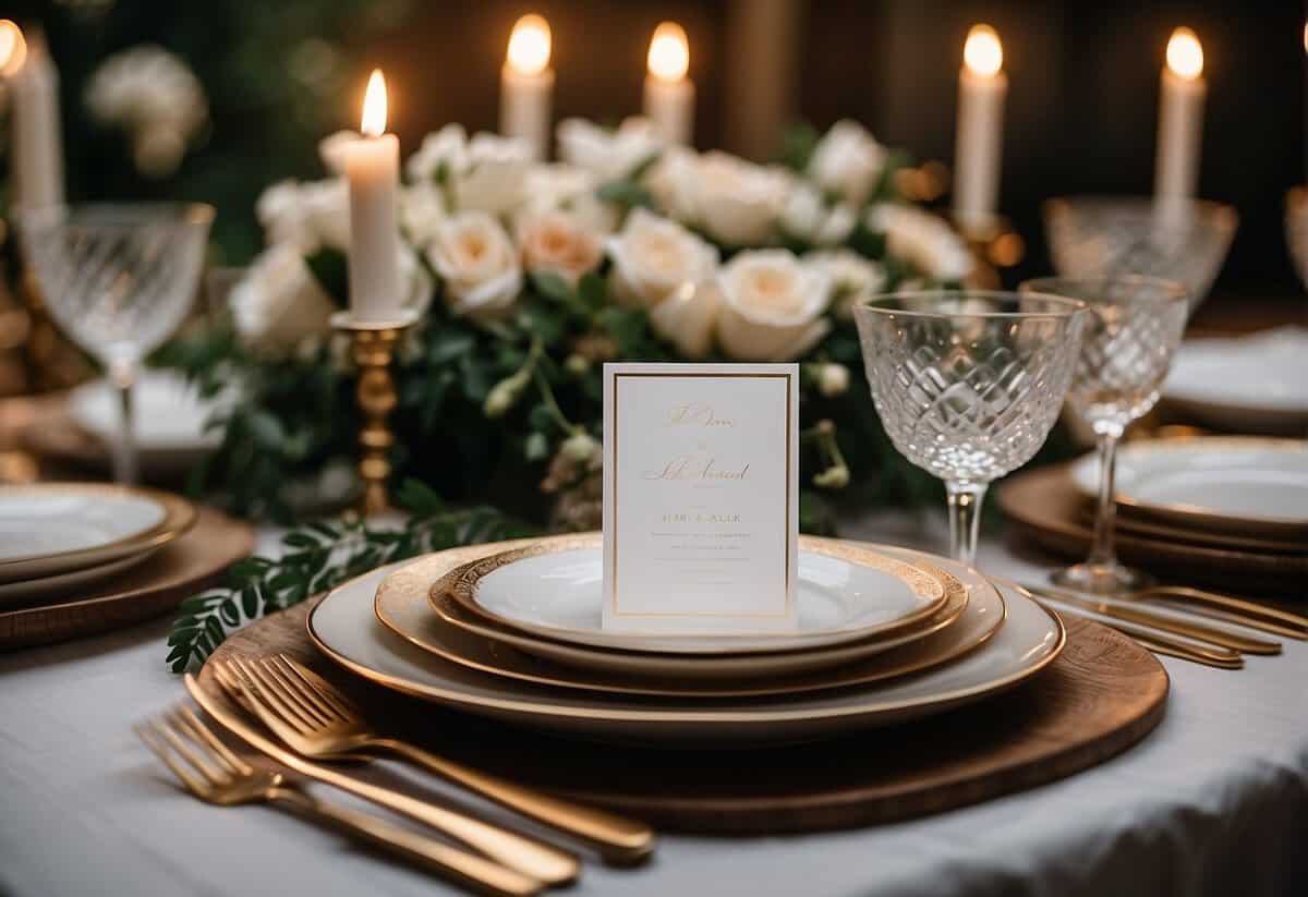 A table set with elegant place settings, surrounded by delicate floral arrangements and flickering candlelight. A stack of beautifully designed wedding invitations sits in the center, waiting to be sent out to guests