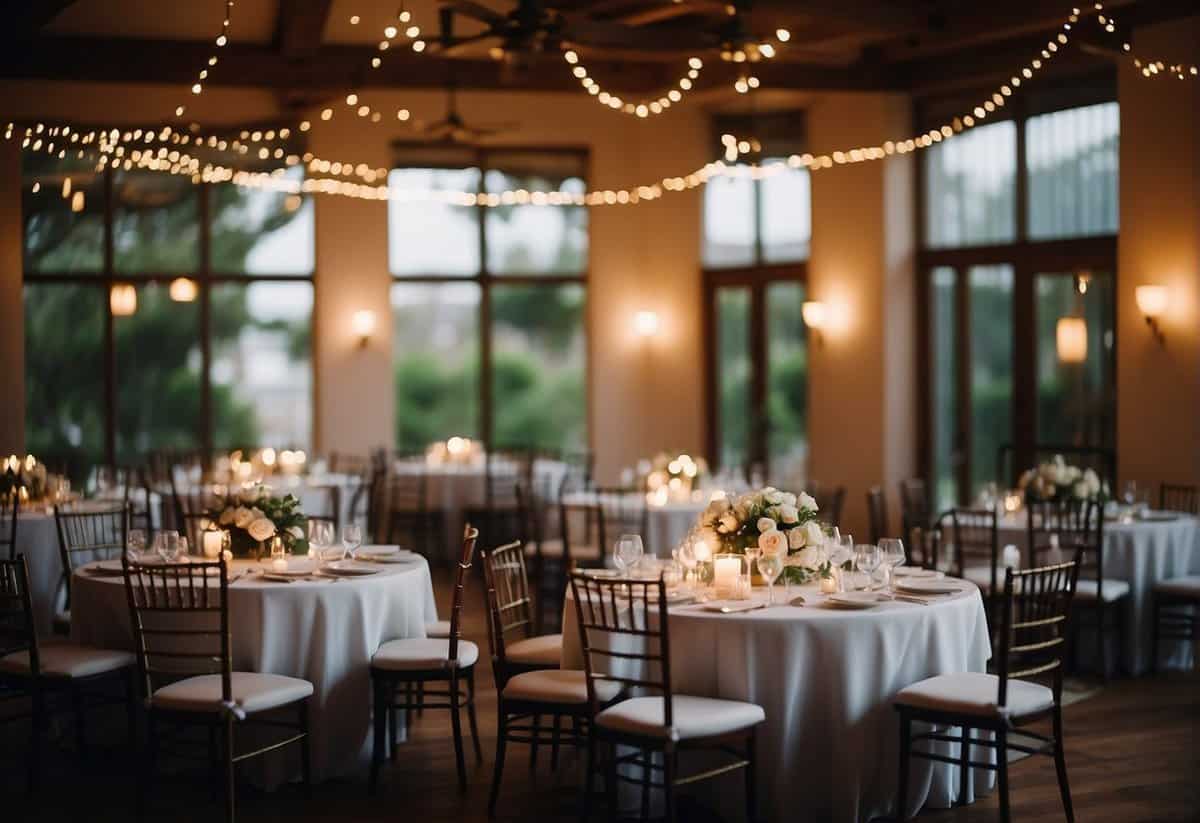 A small wedding venue with elegant table settings, twinkling lights, and a live band performing in the background