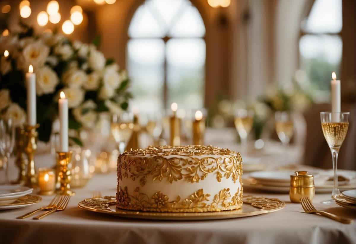 A lavish table setting with gold-rimmed plates, shimmering champagne glasses, and elegant gold floral centerpieces. A golden cake adorned with intricate details and a stunning gold wedding arch in the background