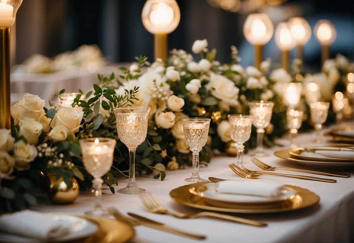 The wedding party is adorned with gold accents, from the elegant table settings to the glamorous floral arrangements and sparkling decor