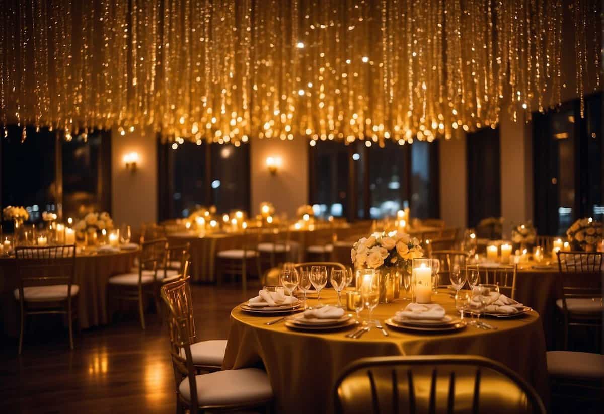 Golden streamers drape from the ceiling, reflecting the warm glow of candlelit centerpieces on tables adorned with shimmering gold tablecloths