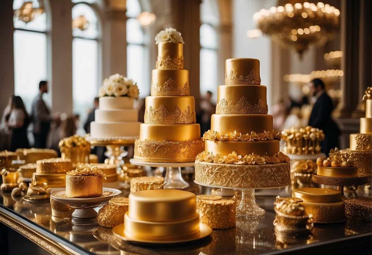 A grand display of gold wedding cakes and desserts, elegantly arranged for the finale. Rich hues of gold and intricate designs create a luxurious and opulent atmosphere