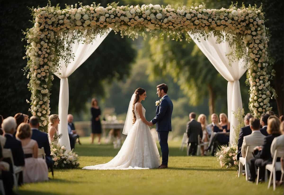 A bride and groom stand under a flower-covered arch. Guests sit in rows, watching as the couple exchanges vows. A string quartet plays in the background