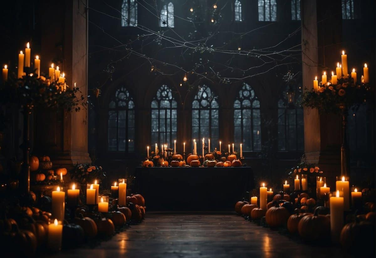 A dark, gothic-themed wedding with black and orange decor, pumpkins, candles, and spooky elements like bats and spiderwebs