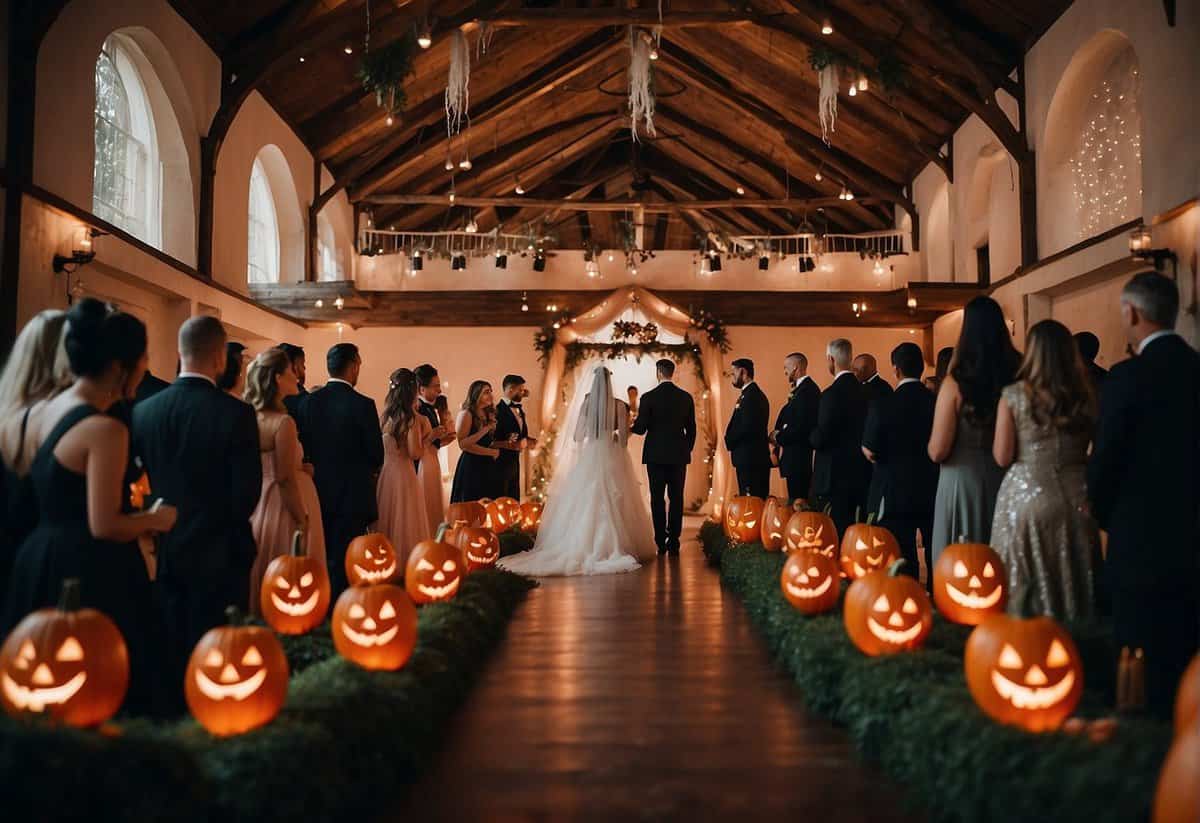 A spooky wedding ceremony with jack-o-lanterns lining the aisle, and a reception featuring a haunted house theme with cobweb decorations and eerie lighting