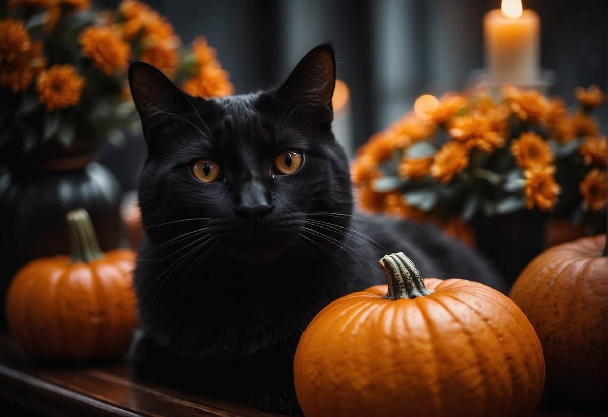 A black cat and pumpkin centerpieces adorn a spooky, candlelit reception hall with orange and black accents