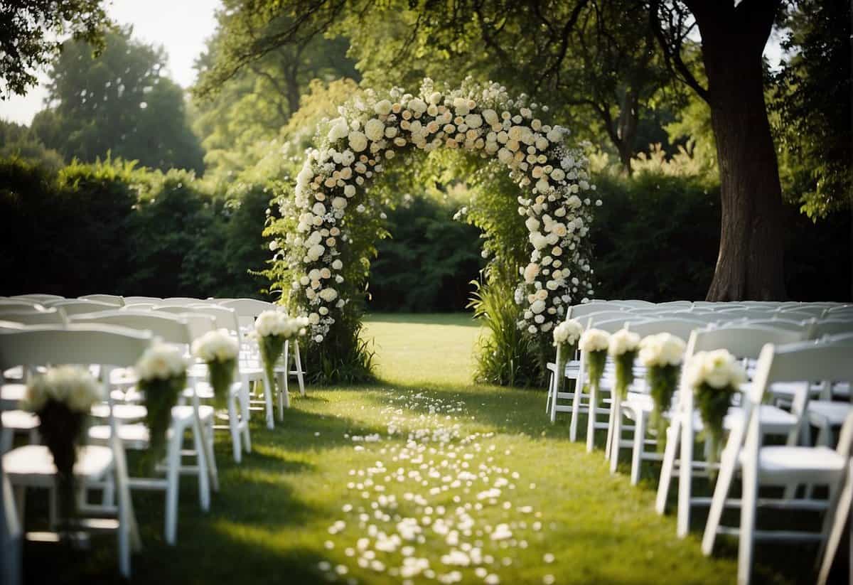 A flower-covered arch stands at the end of a grassy aisle. White chairs are arranged in neat rows facing the arch. A gentle breeze rustles the leaves of nearby trees, creating a serene atmosphere for the outdoor wedding ceremony
