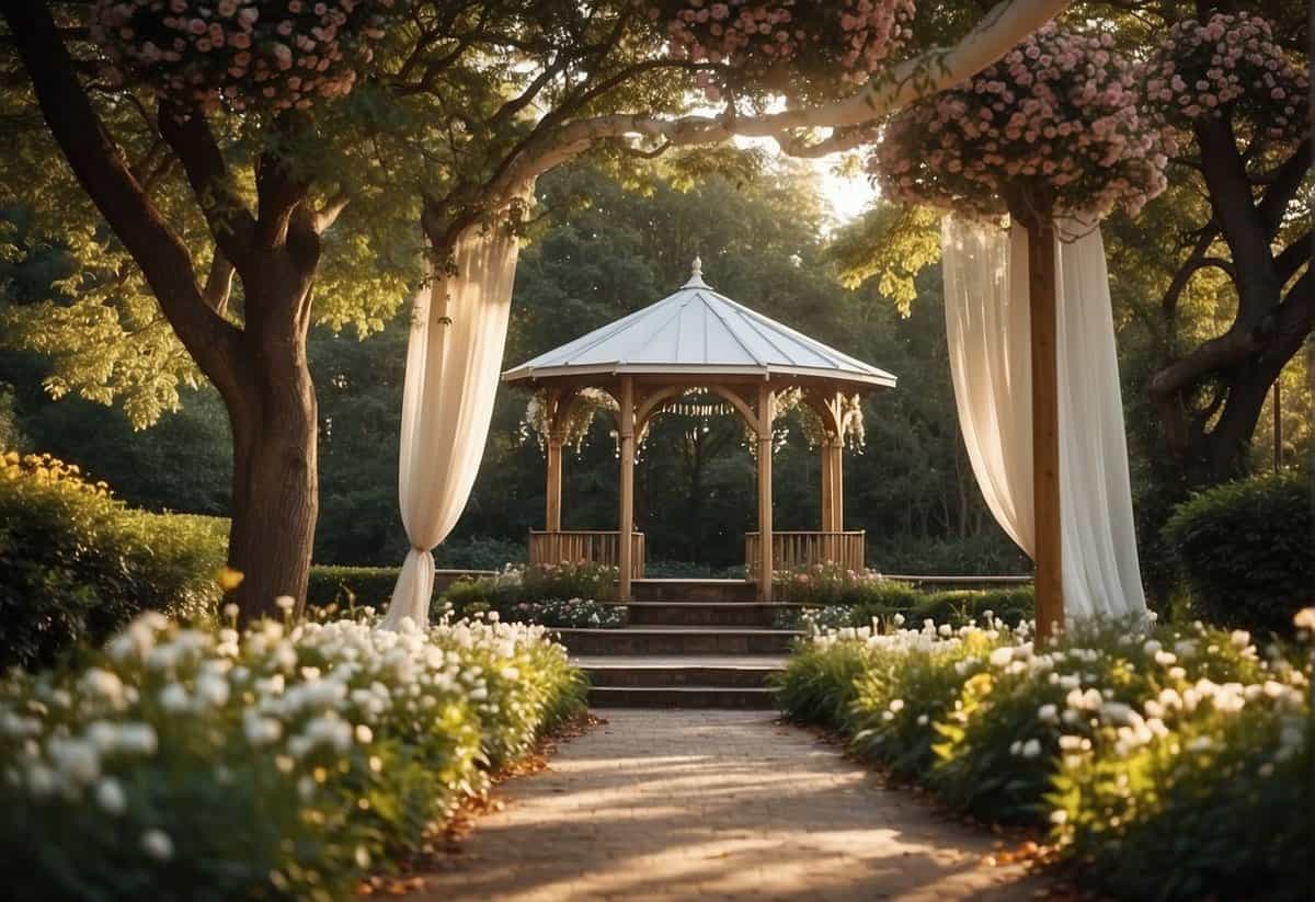 A garden gazebo adorned with flowing fabric, flowers, and twinkling lights. A pathway lined with petals leads to the altar under a canopy of trees