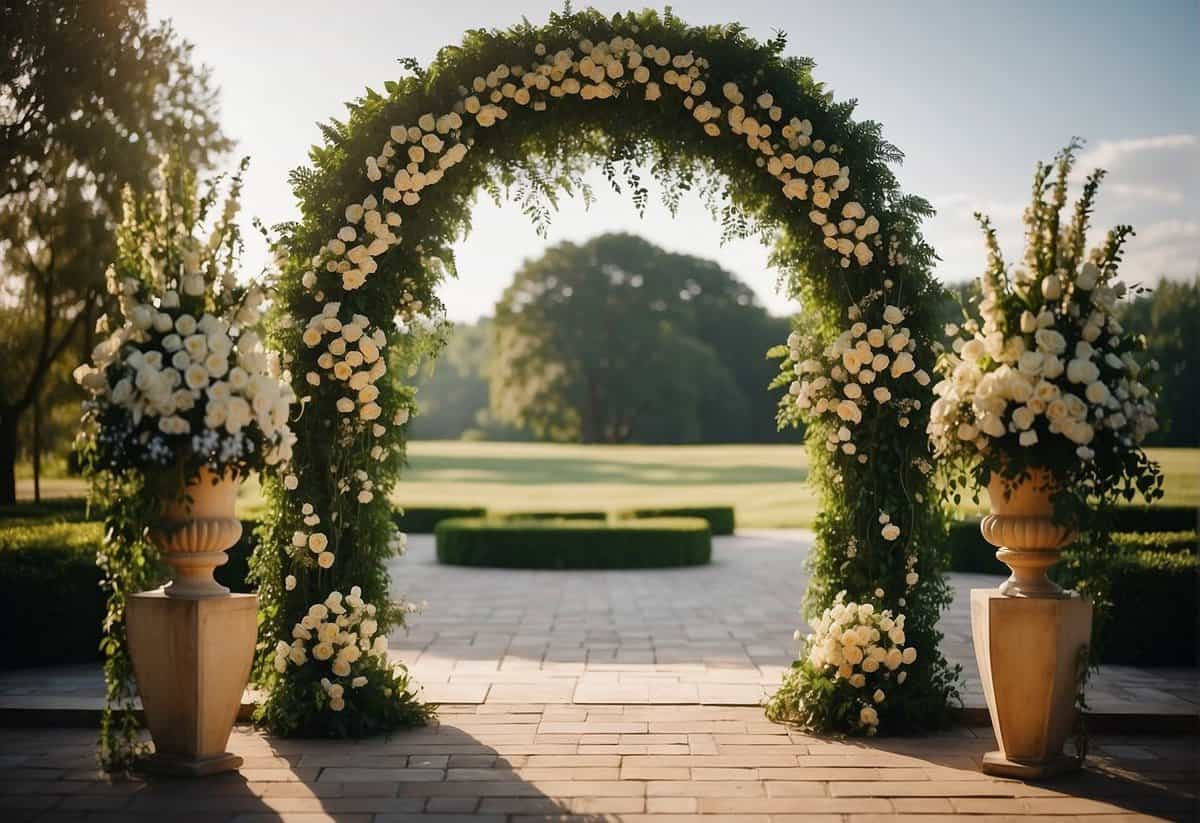 A grand archway adorned with flowers and greenery stands at the entrance to an outdoor wedding ceremony, creating a picturesque and memorable scene