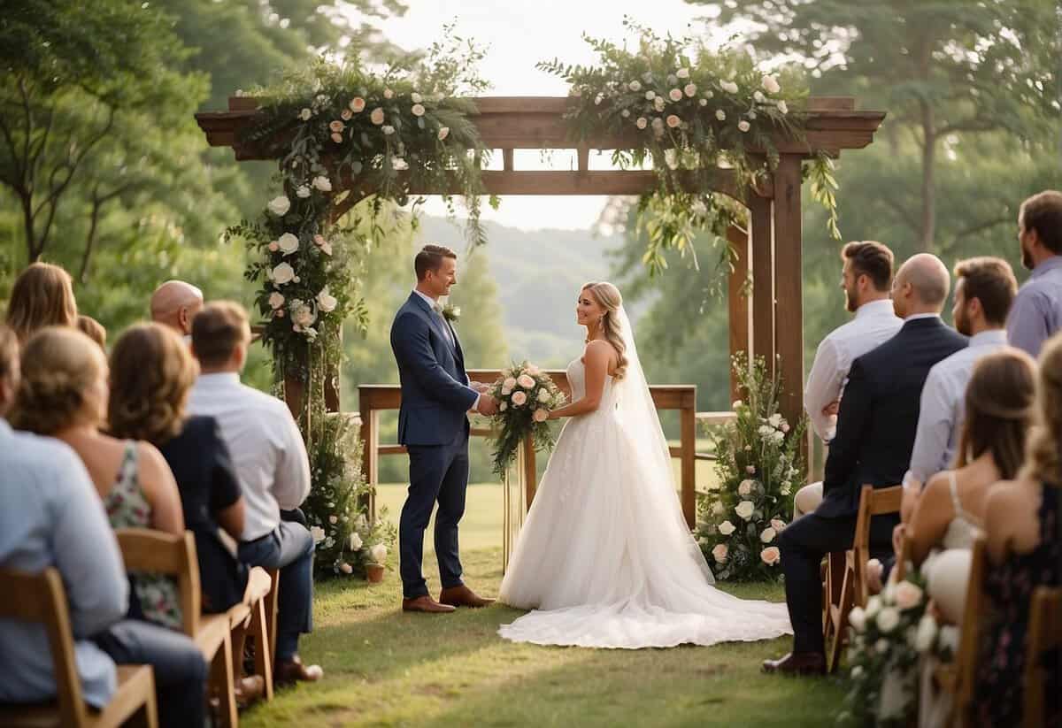 A picturesque outdoor wedding ceremony with a rustic arbor adorned with fresh flowers, surrounded by lush greenery and twinkling string lights, creating a romantic and intimate setting for the couple to exchange vows