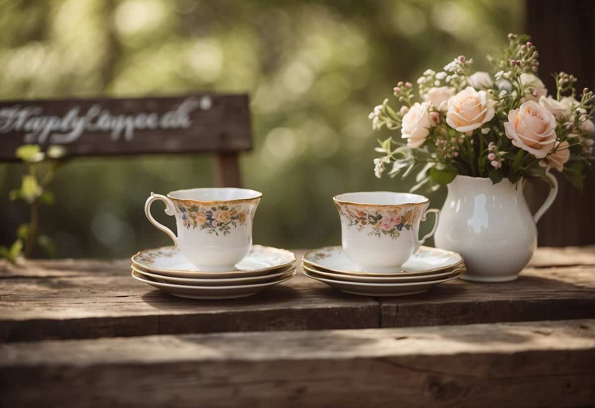 A table set with vintage teacups, a floral centerpiece, and a rustic wooden sign that reads "Happily Ever After."