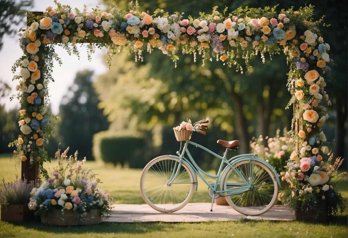 A whimsical outdoor wedding with colorful floral arches, hanging fairy lights, and a charming vintage bicycle adorned with flowers