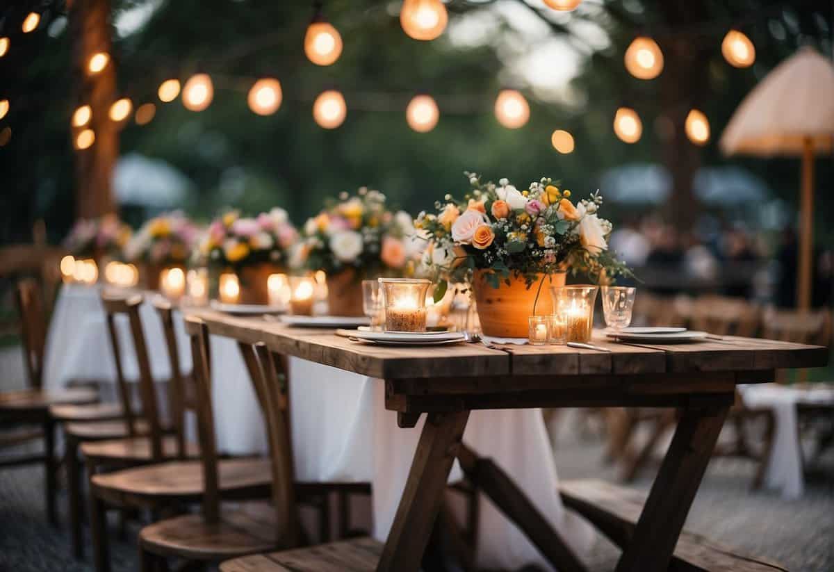 A whimsical outdoor wedding setting with colorful floral arrangements, twinkling string lights, and rustic wooden decor