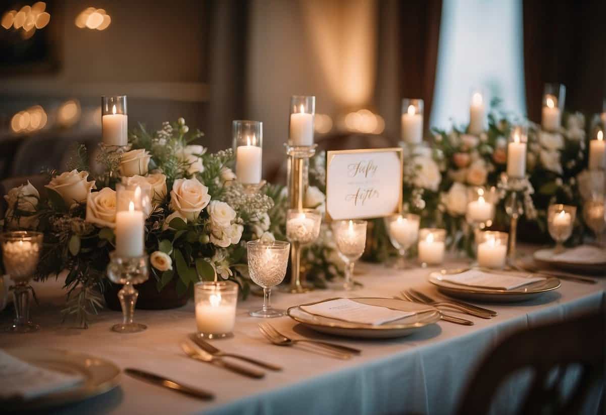 A table adorned with floral centerpieces, delicate place settings, and twinkling tea lights. A sign reading "Happily Ever After" hangs above the sweetheart table