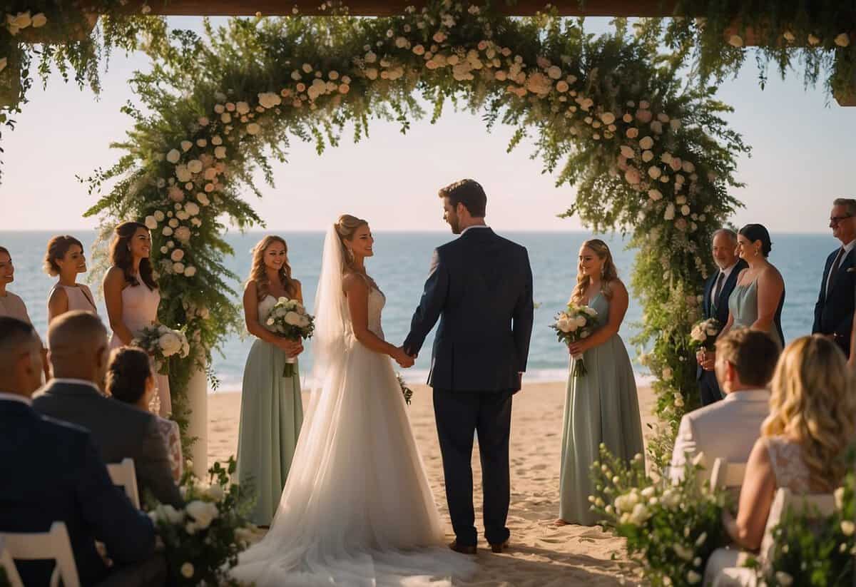 A couple stands beneath a floral arch exchanging vows. Guests sit in rows, surrounded by greenery and twinkling lights. A non-religious officiant leads the ceremony