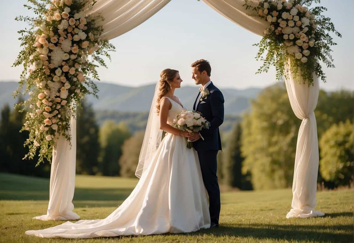 The bride and groom stand facing each other under a floral arch. A gentle breeze rustles the white fabric draping the arch, creating a romantic and serene atmosphere