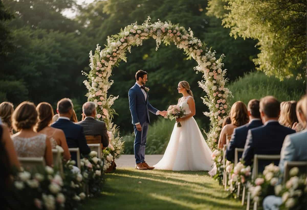 A couple stands beneath a floral arch, exchanging vows in a serene garden setting. Non-religious elements such as nature and love are highlighted in the ceremony