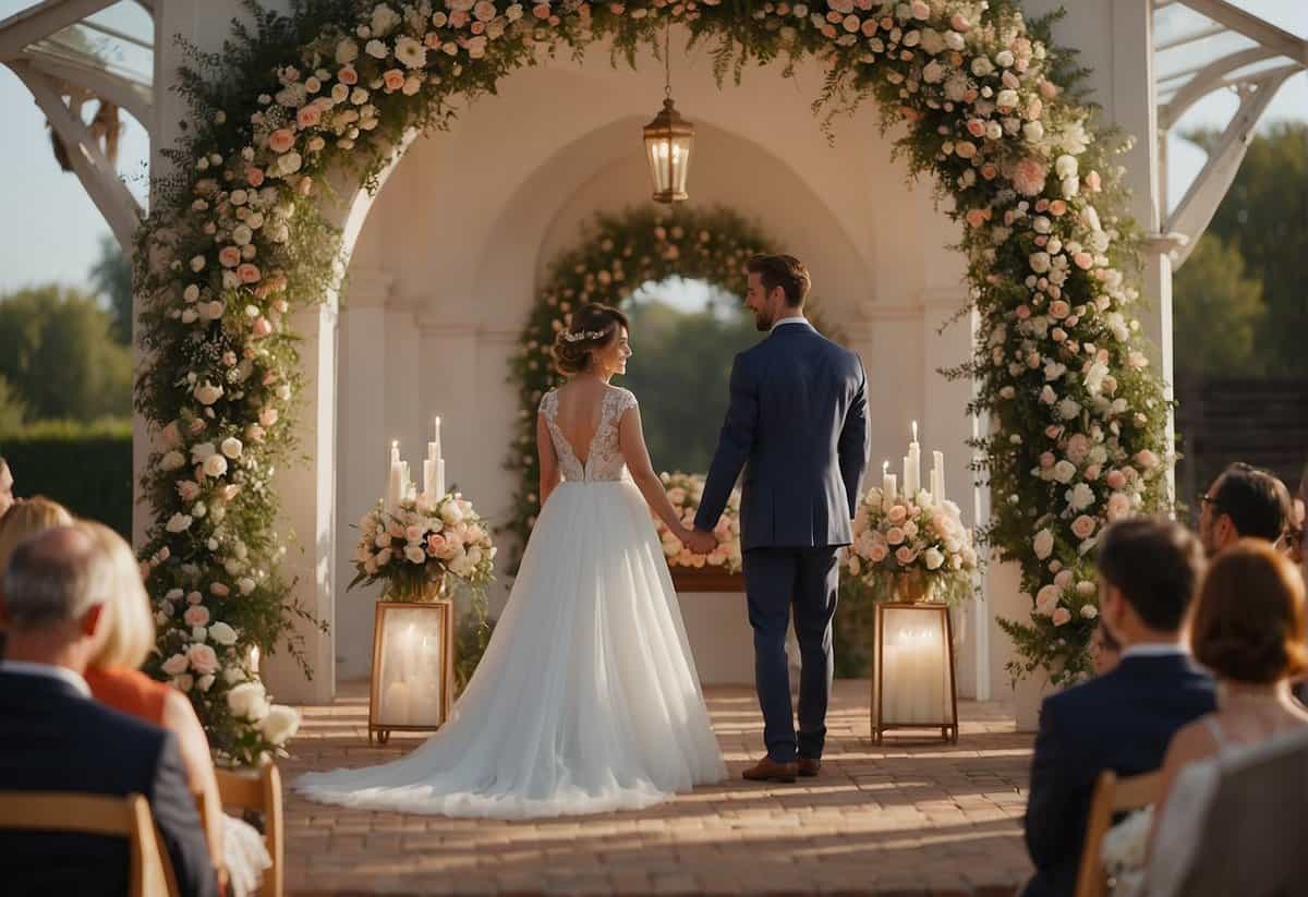 A couple stands under a floral arch, exchanging vows. A unity candle and sand ceremony set are displayed nearby. Soft music plays in the background