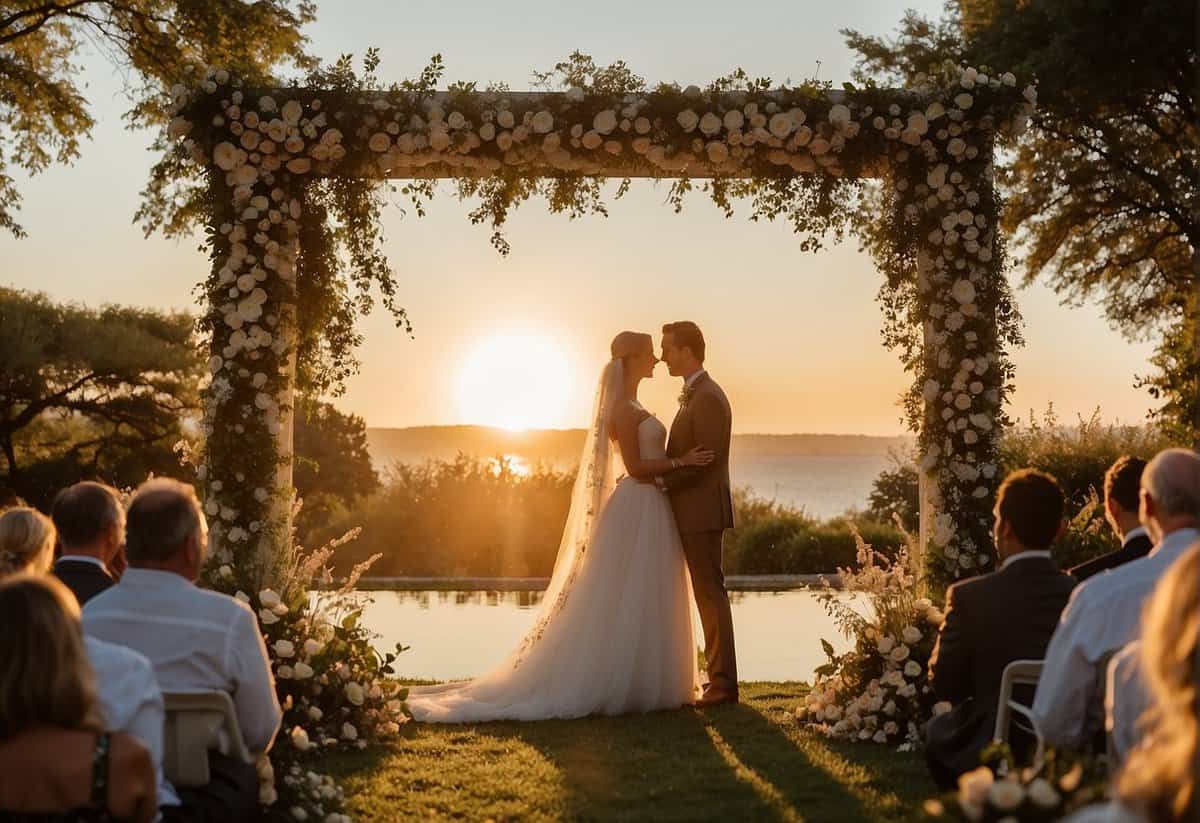 The bride and groom stand facing each other, exchanging vows under a beautiful arch adorned with flowers and greenery. A warm sunset casts a golden glow over the scene