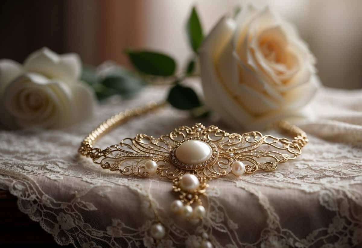 A lace veil draped over an antique chair, with a vintage brooch pinned to it. A pearl necklace and earrings laid out on a delicate lace handkerchief