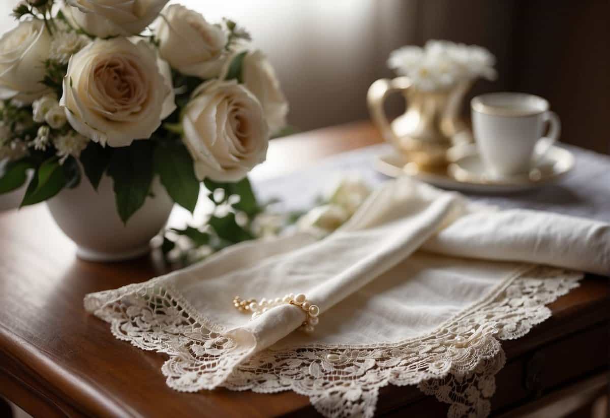 A vintage lace handkerchief tucked into a bouquet, old family photos displayed on a table, and a delicate pearl necklace draped over a chair