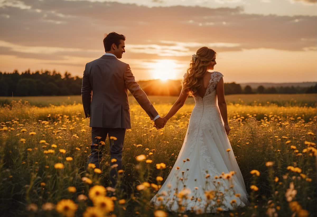 A bride and groom stand facing each other in a field of wildflowers, with the sun setting behind them, casting a warm golden glow
