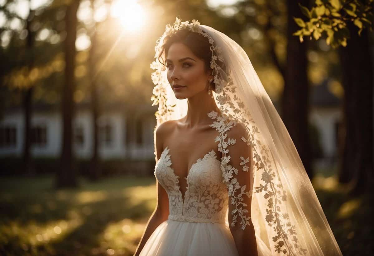 A soft, golden light filters through the trees, casting a warm glow on the bride's delicate lace veil as it gently billows in the breeze
