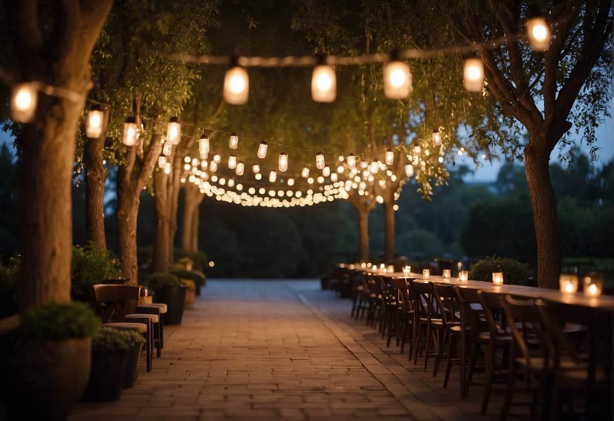 Soft string lights drape from tree branches, casting a warm glow over the outdoor wedding venue. Lanterns and candles line the pathways, creating a romantic and enchanting atmosphere