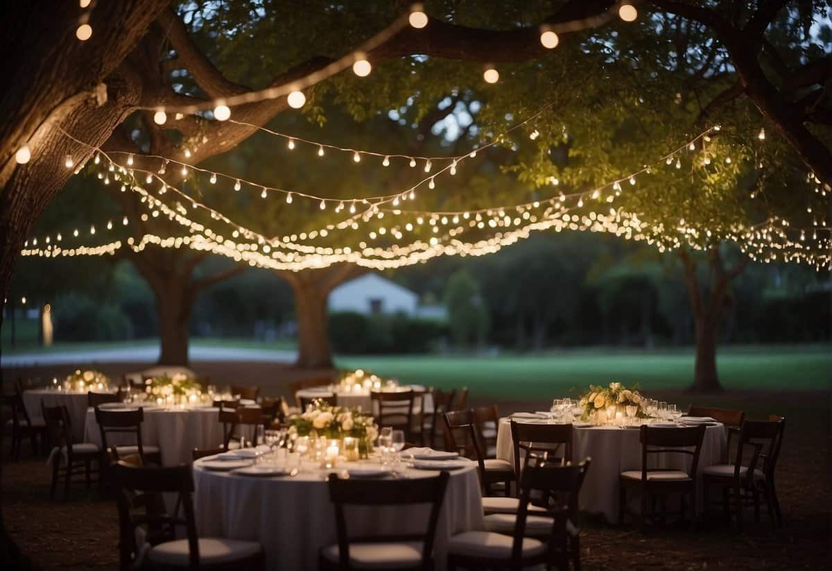 A string of twinkling lights hangs from the branches of a large oak tree, casting a warm and romantic glow over the outdoor wedding reception area. Fairy lights are woven through the foliage, creating a magical and enchanting atmosphere