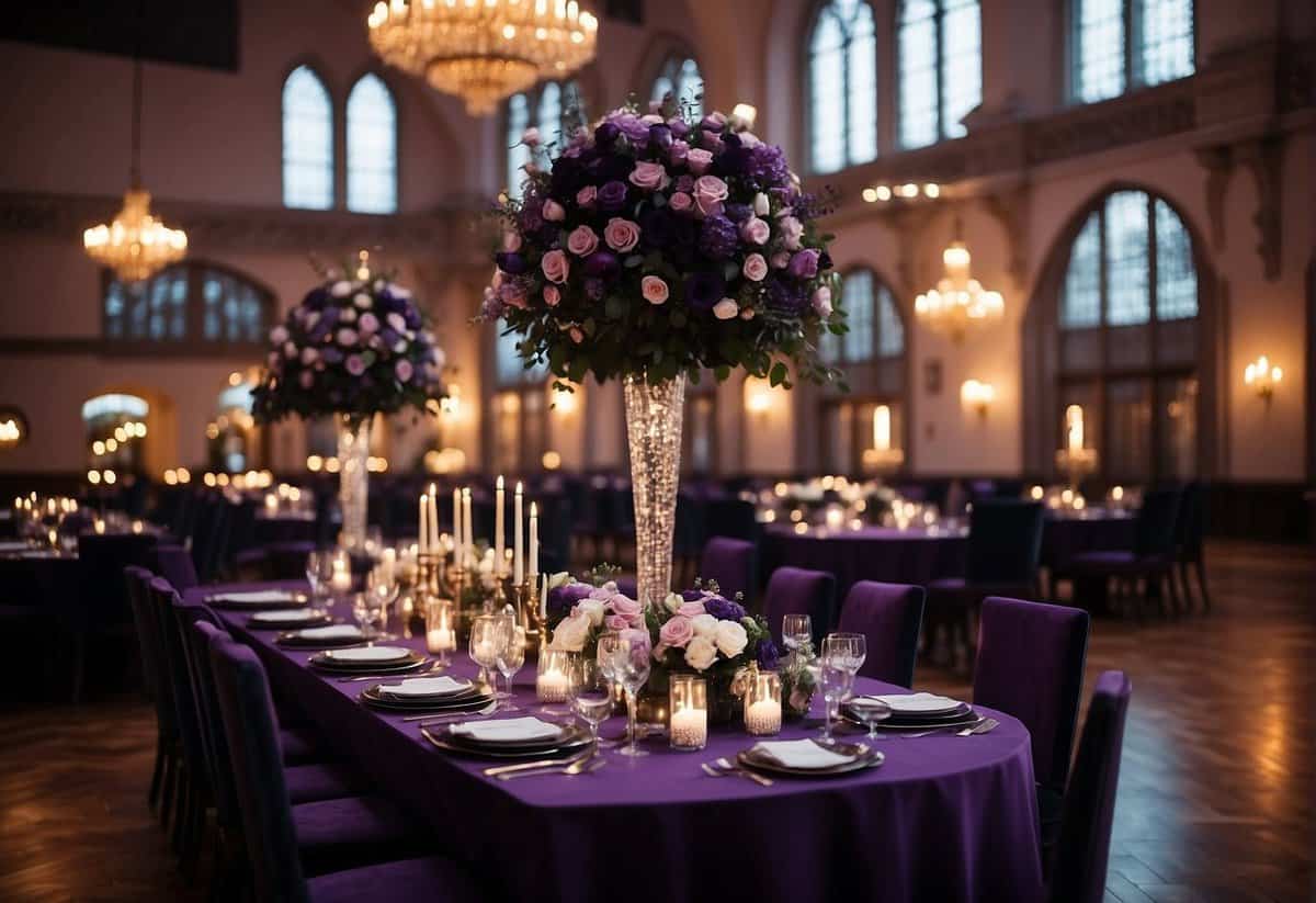 A grand hall with purple and black decor, elegant floral arrangements, and shimmering candlelight