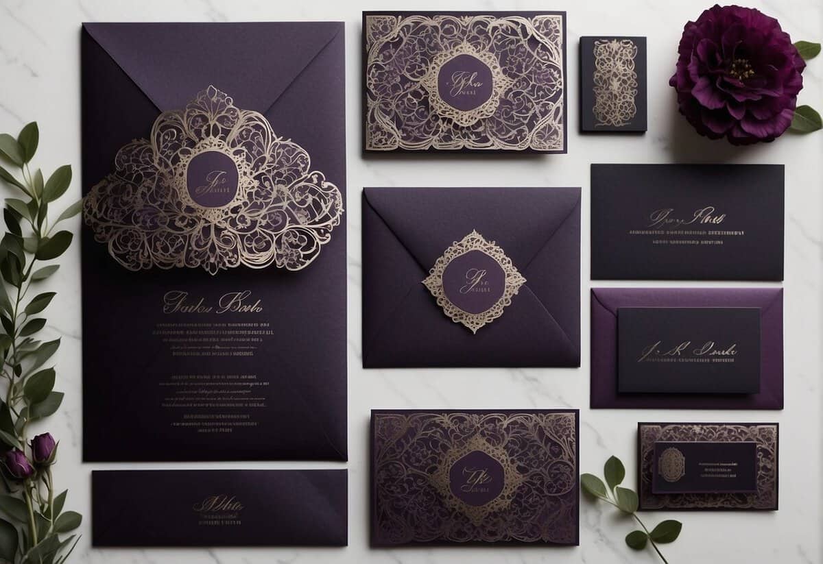 A regal purple and black wedding invitation suite with elegant calligraphy and floral motifs