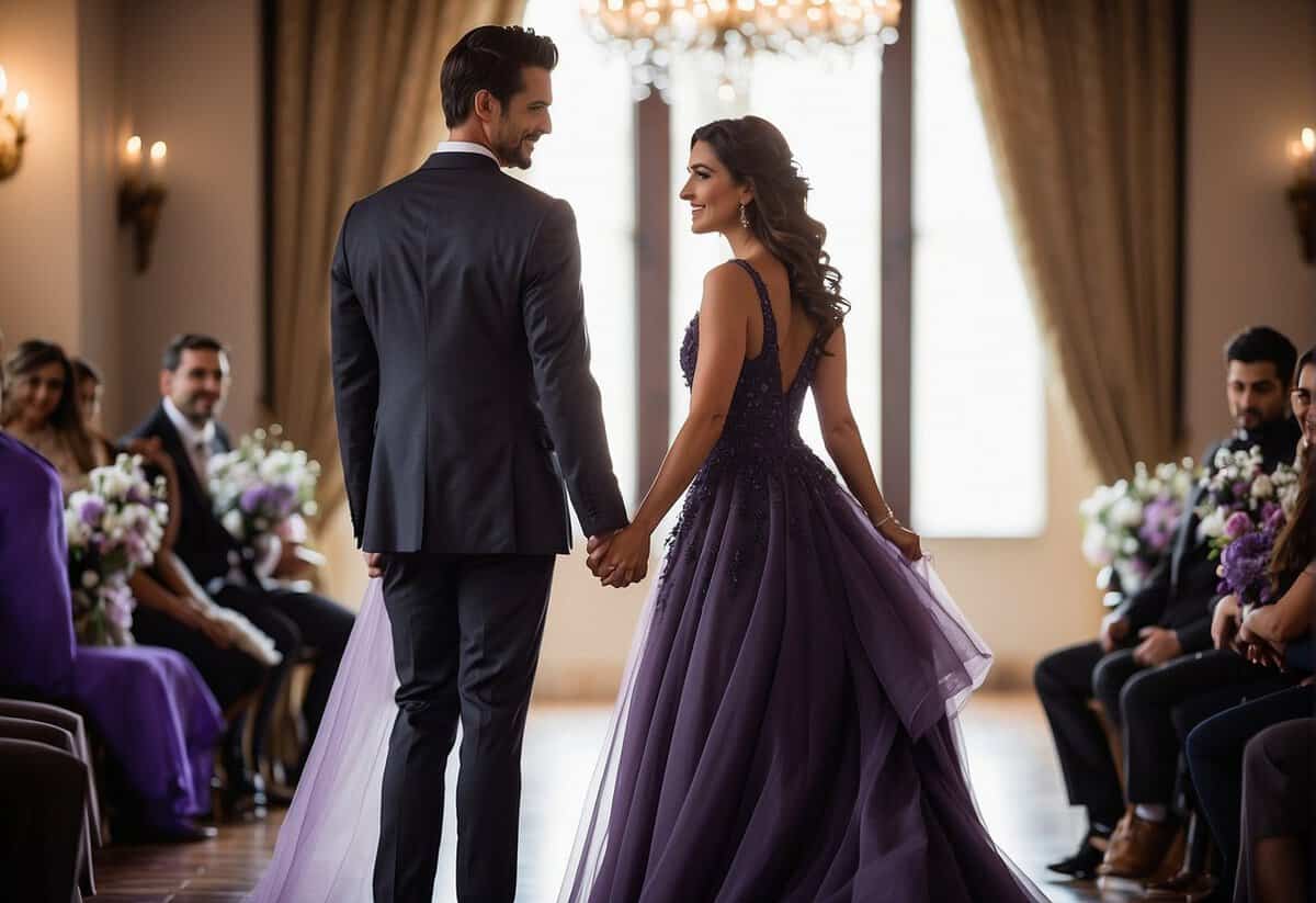 A bride in a flowing purple gown and a groom in a sleek black suit stand together in a romantic, elegant setting