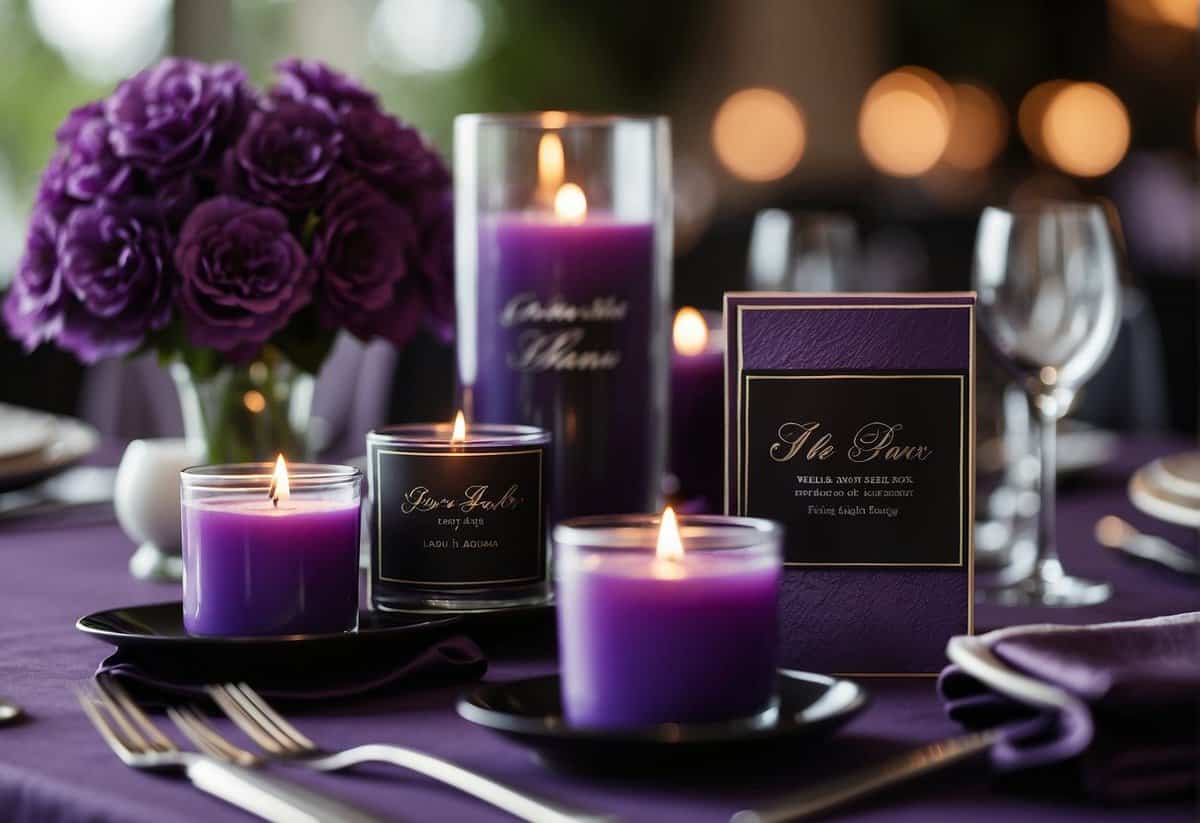 Purple and black wedding favors arranged on a table with floral centerpieces and candles. Elegant extras include personalized gift bags and custom signage