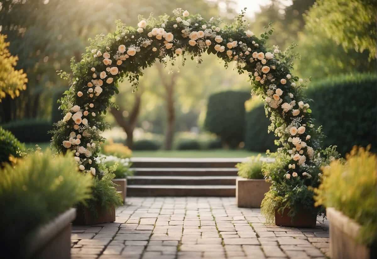 A beautiful outdoor garden setting with a floral arch and elegant seating for a second wedding ceremony