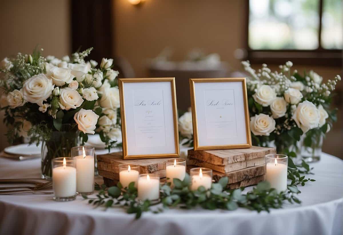 A table set with wedding planning essentials: seating chart, floral arrangements, and cake samples
