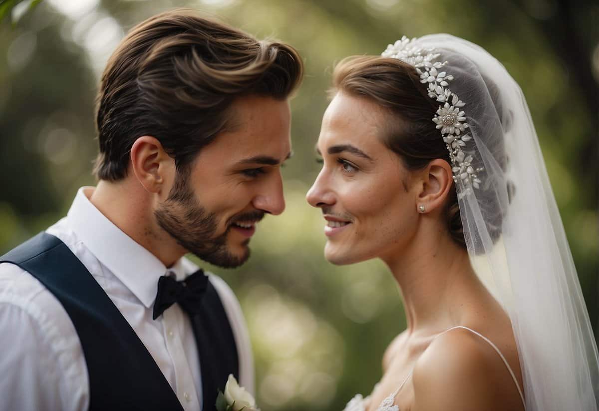 A bride's flowing white gown, adorned with delicate lace and sparkling beads, paired with a simple yet elegant veil. A groom in a tailored suit, complemented by a crisp white shirt and a stylish tie