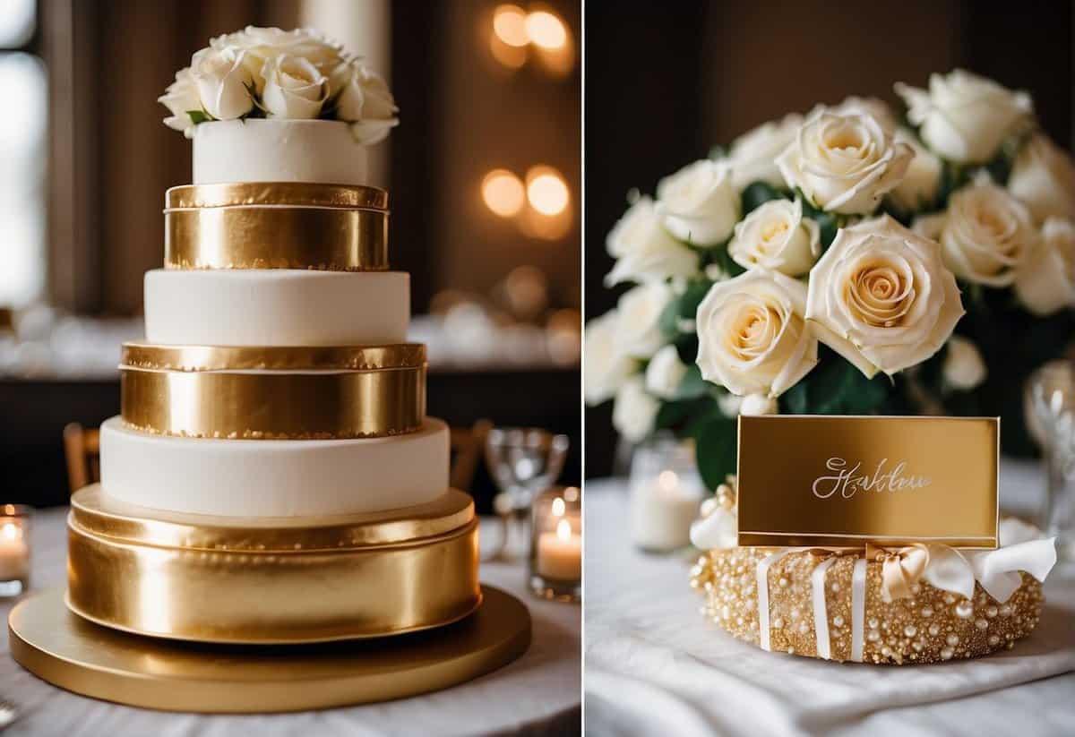 A wedding cake with two tiers, decorated with white roses and gold accents. A sign reads "The Big Day Details 2nd wedding ideas" in elegant calligraphy