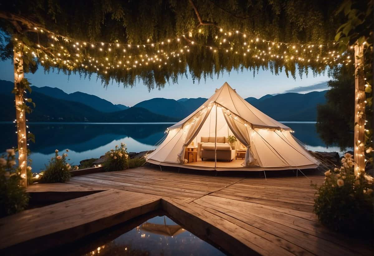 A white tent adorned with fairy lights and flowers, surrounded by lush greenery and a picturesque backdrop of mountains or a serene lake