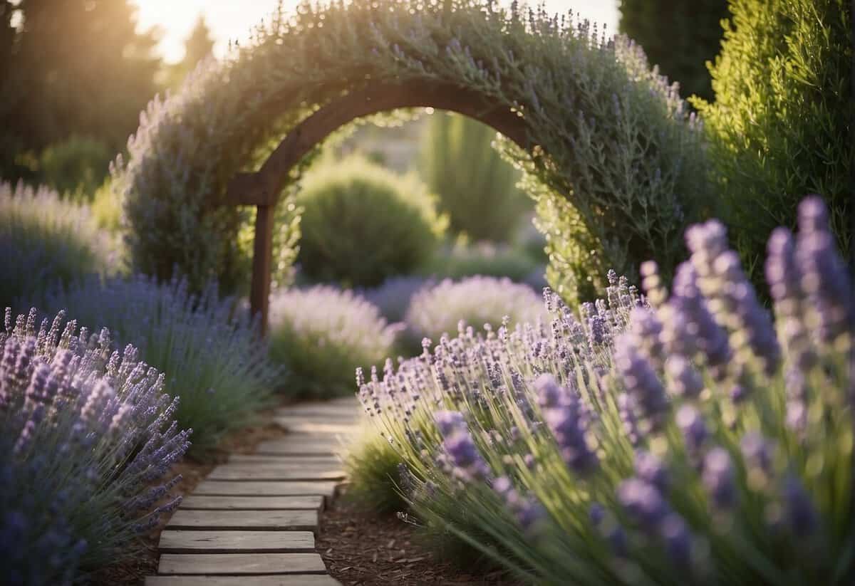 A serene garden with blooming lavender bushes, a rustic wooden arch adorned with lavender blooms, and a soft pastel color palette