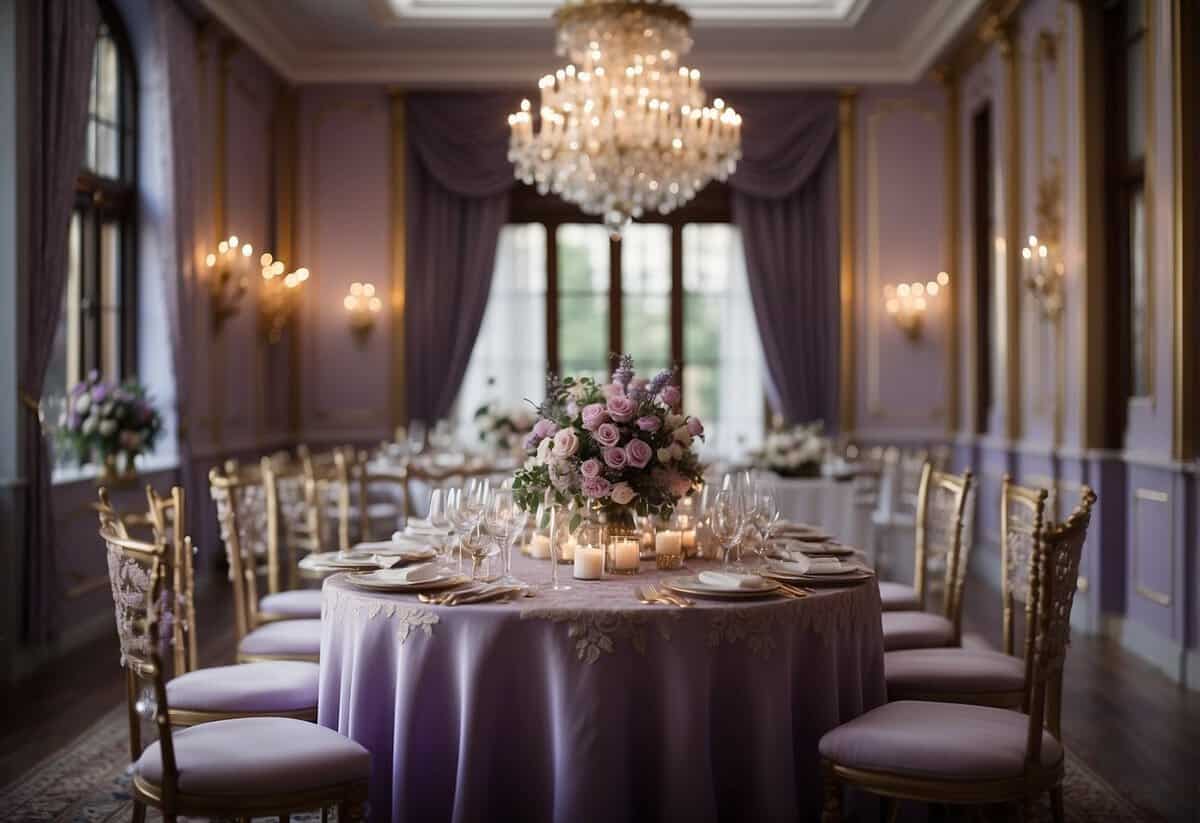 The reception room is adorned with lavender flowers and ribbons, with delicate lace tablecloths and twinkling fairy lights creating a romantic atmosphere